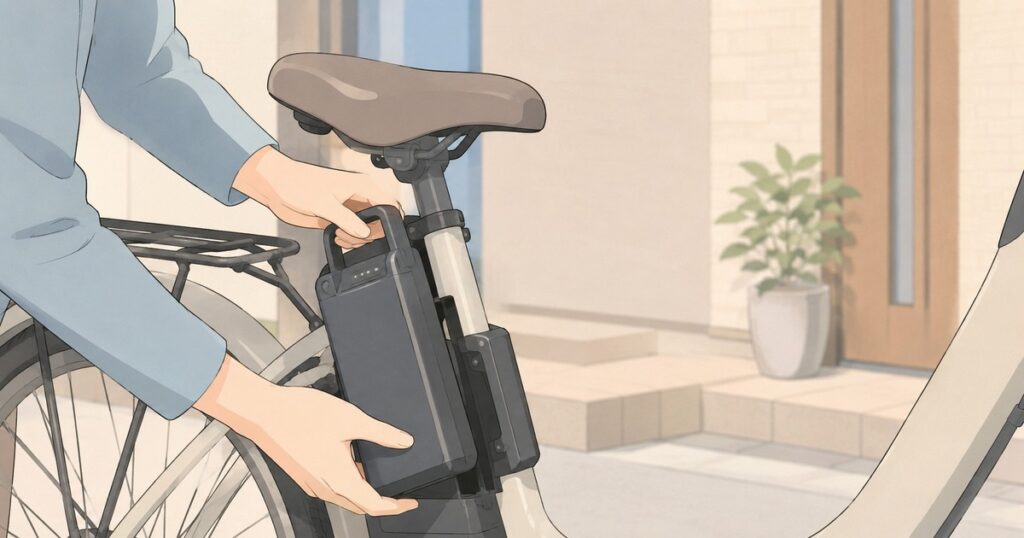 電動アシスト自転車のバッテリーを外して確認している手元のイラスト