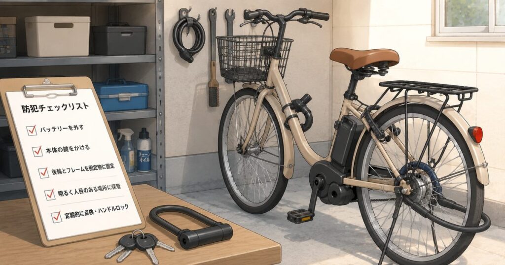 夕方の玄関で自転車の鍵と外したバッテリーを確認しているイラスト