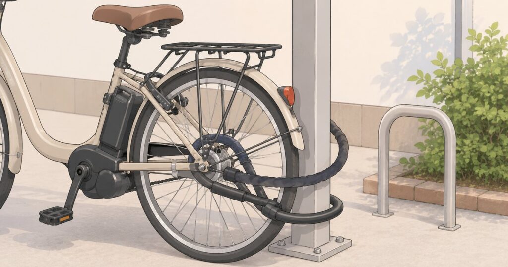 電動アシスト自転車の後輪とフレームを鍵で固定しているイラスト