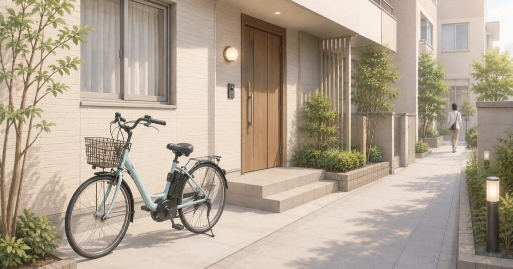 明るく人目のある住宅まわりに電動アシスト自転車を保管しているイラスト