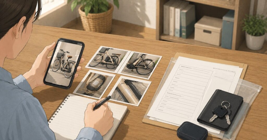 自転車の写真を表示したスマホと書類をテーブルに整理しているイラスト