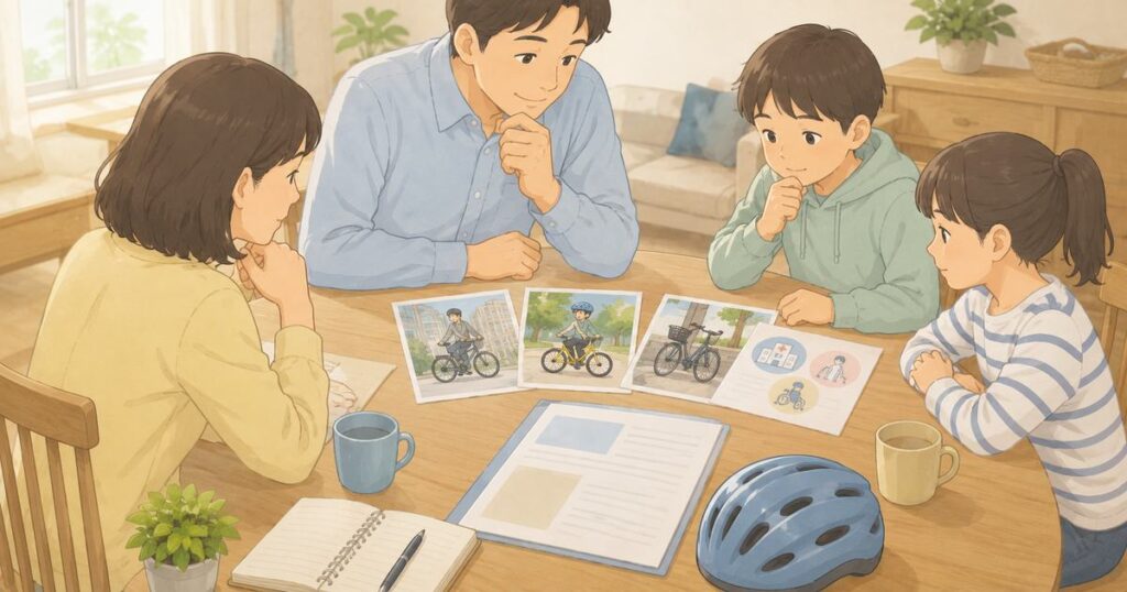 家族で自転車の使い方と保険の備えを相談する様子