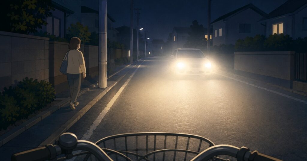対向車のライトで前方の歩行者や路面が見えにくくなっている夜道
