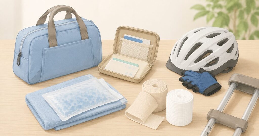 入院用バッグや診察券ケース、包帯と自転車用ヘルメットを並べたイラスト