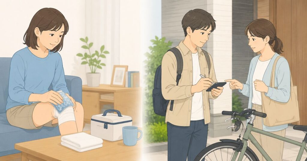 自分のケガを手当てする場面と相手への対応を左右に分けたイラスト