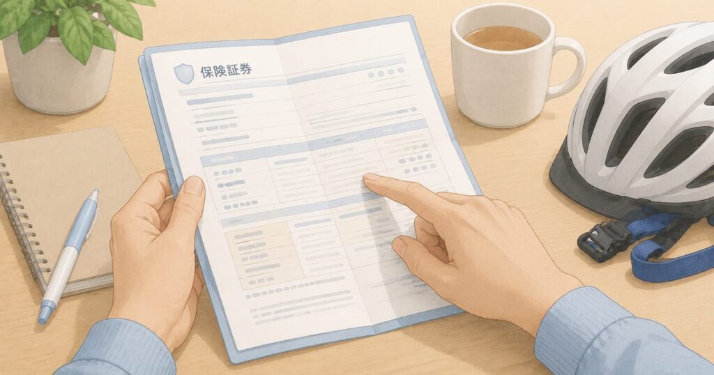 保険証券を手元で開き、自分が補償対象者か確認しているイラスト