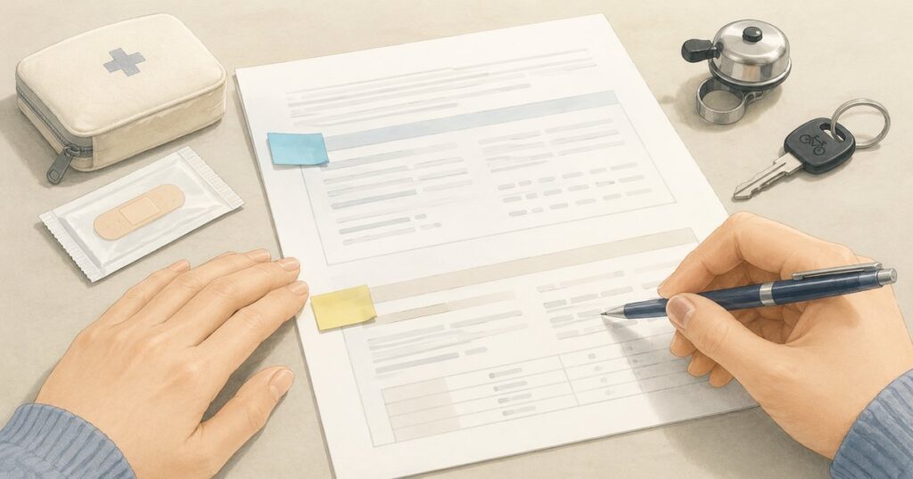 保険証券のけがと個人賠償に関する項目を分けて確認する手元