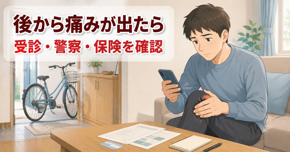自転車事故の後に痛みが出て、スマホや書類で受診と警察への連絡を確認しているイラスト