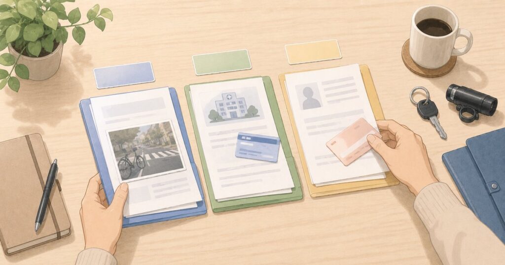 保険会社へ伝える内容を整理するため、スマホと複数の書類をテーブルに分けて置いたイラスト