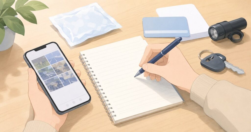自宅のテーブルでスマホとメモを使い、事故後の痛みや状況を記録している手元のイラスト