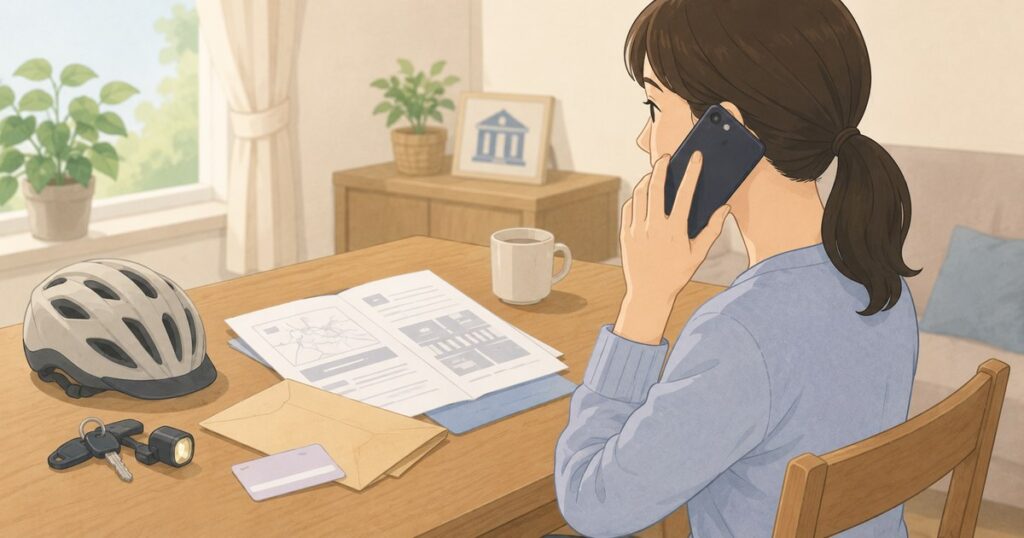 自宅でスマホを使い、事故後に体の変化を警察へ相談している人物のイラスト