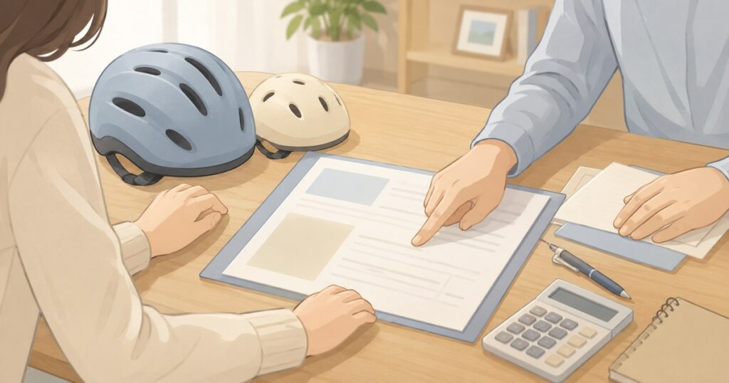 自転車保険の書類を家族で確認するダイニングテーブル