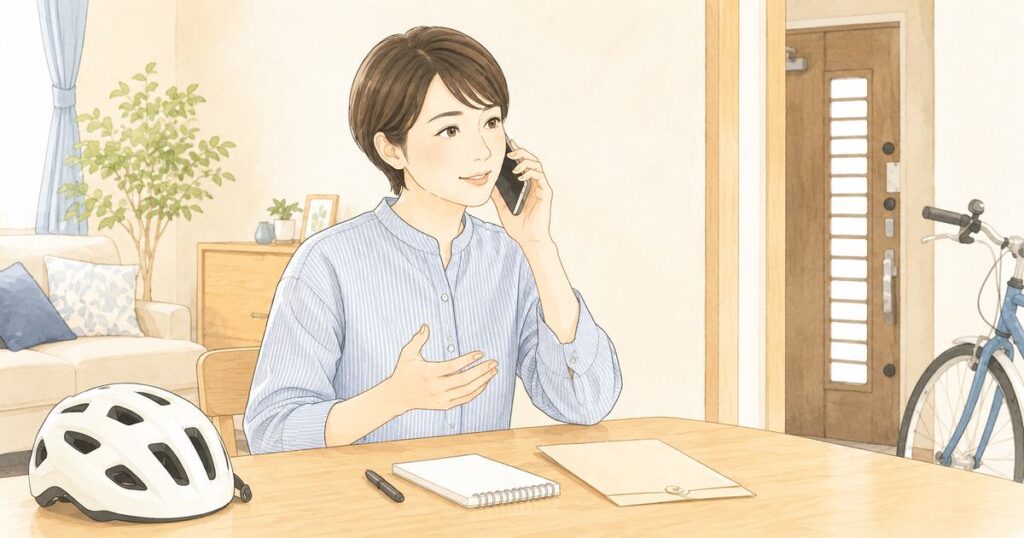 自宅で保険会社に自転車事故の状況を電話で伝える人のイラスト