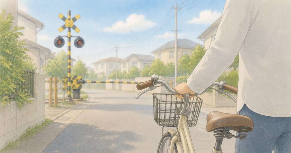 自転車を押してゆっくり歩く人の足元と前輪のイラスト