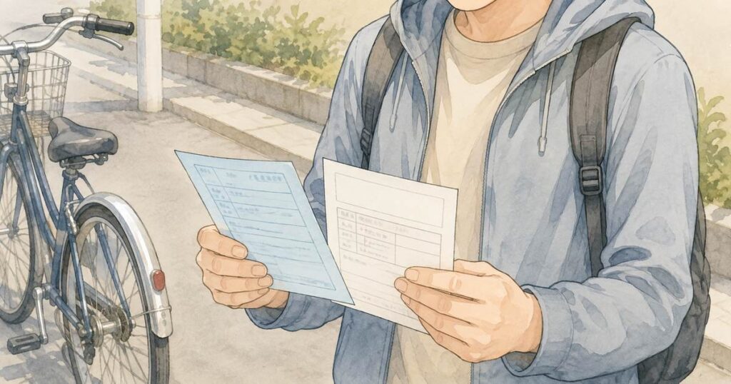 道路脇で自転車を降り、青切符と納付書を確認する人
