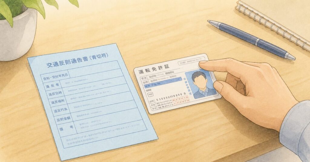 机上で青切符と運転免許証を並べて確認する手元