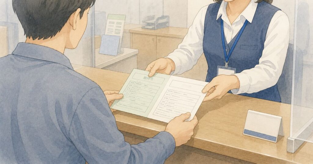 行政窓口で次の手続きに必要な書類を受け取る人