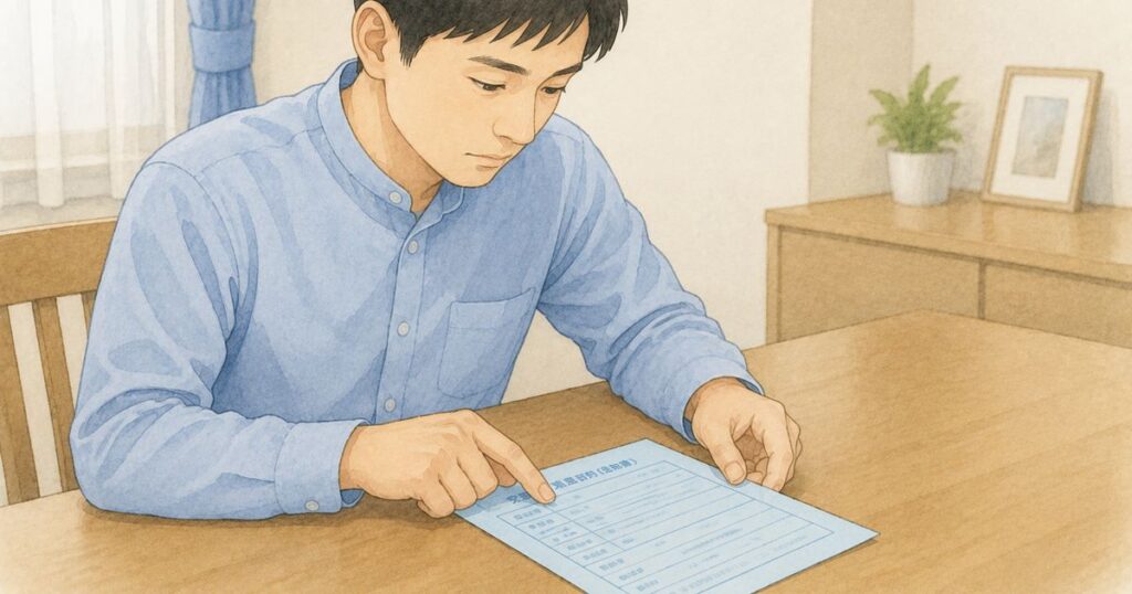 自宅で青切符の内容を指で確認する人