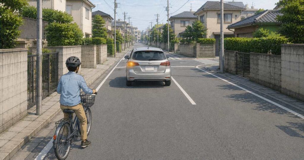 交差点手前で前方車の左ウインカーを確認する自転車利用者