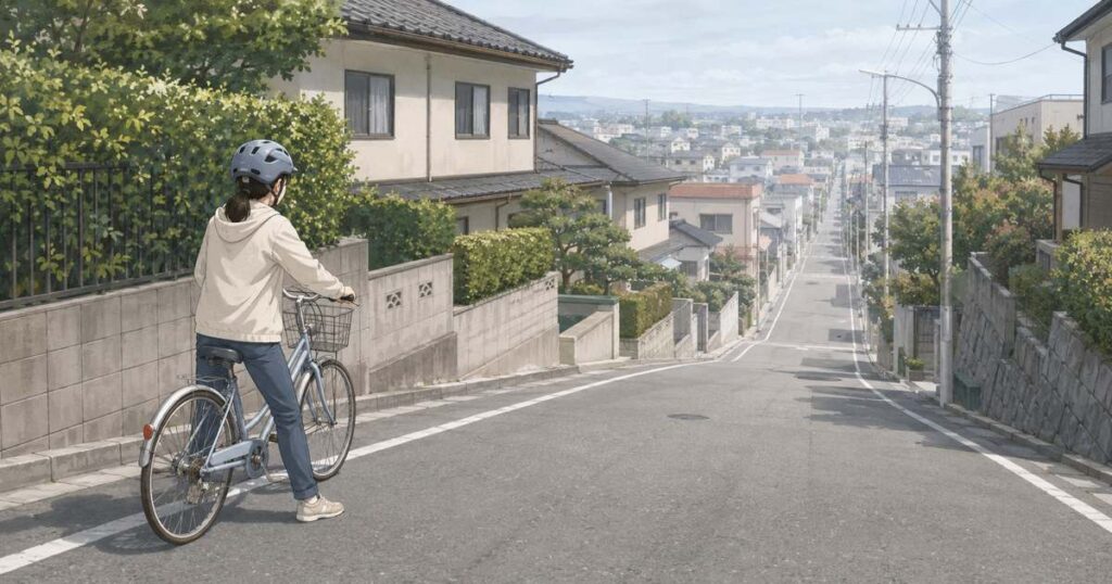 下り坂の上端で足を着いて停止し、坂の先を確認する自転車利用者
