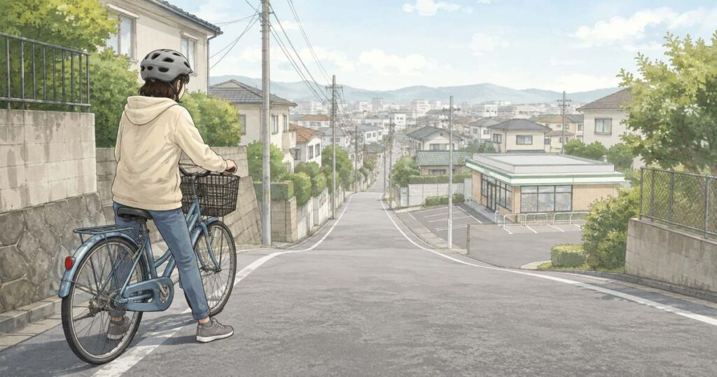 坂の上端で停止し、坂下の駐車場出入口を確認する自転車利用者