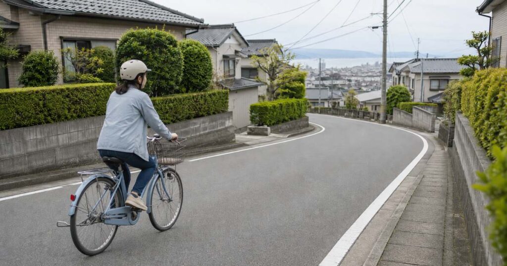 下り坂のカーブ手前の直線部分でブレーキを使う自転車利用者