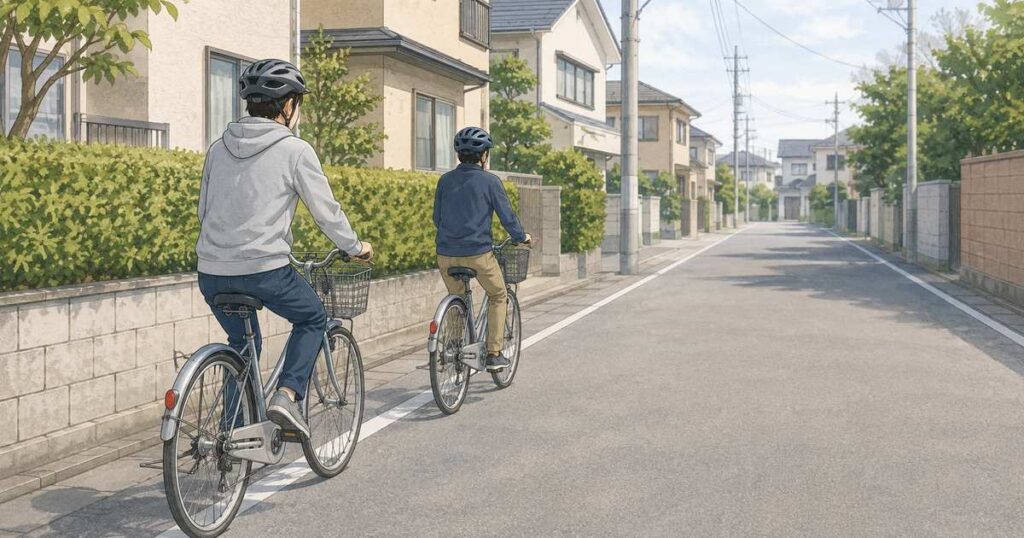 住宅街の道路左端を前後一列で走る二人の自転車利用者