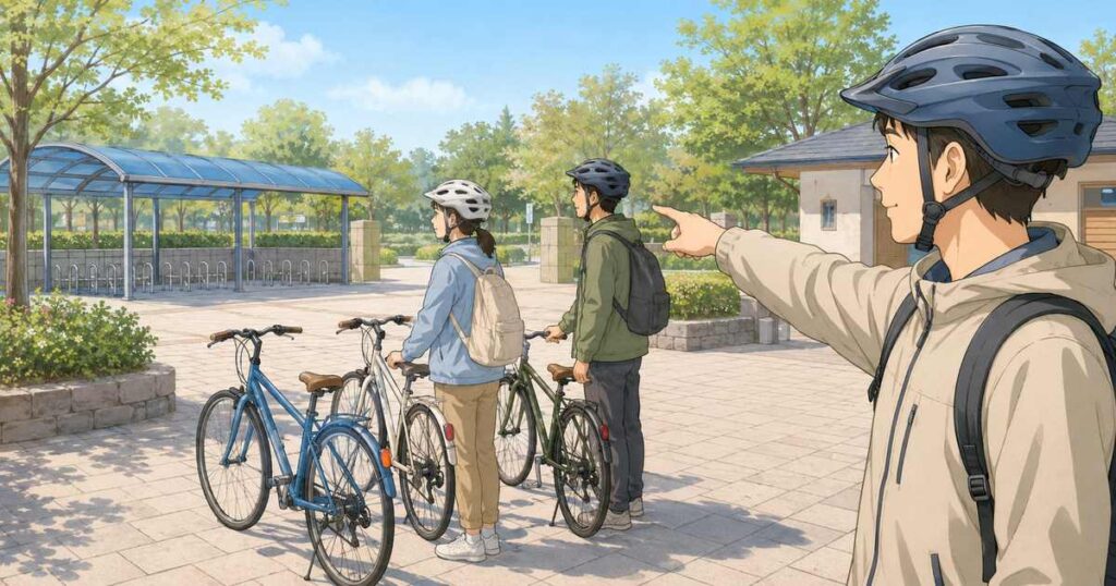 公園入口で自転車を降り合流場所を確認する三人の友人