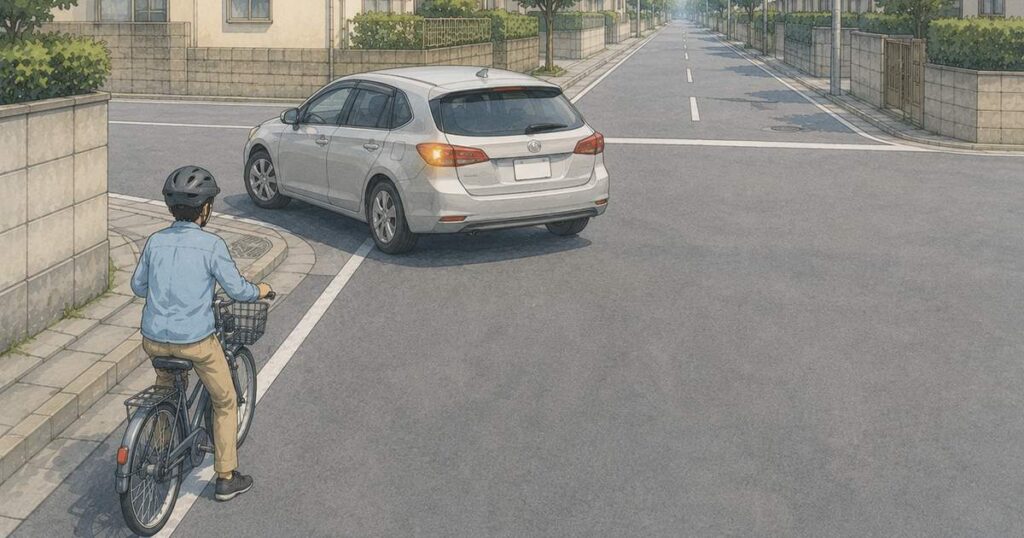 交差点で左折する車の手前に完全停止する自転車利用者