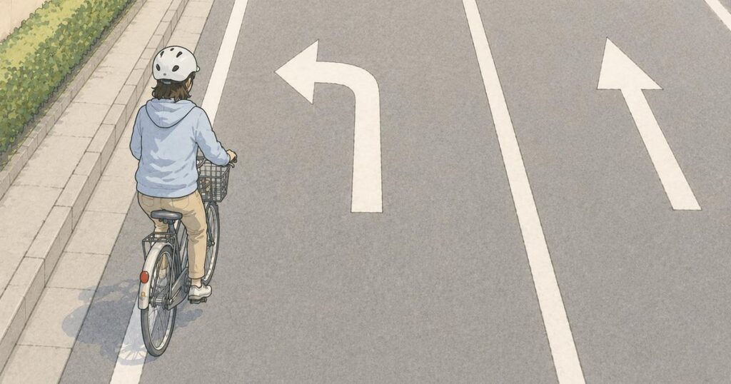 左折専用レーンの左側端を直進する自転車利用者