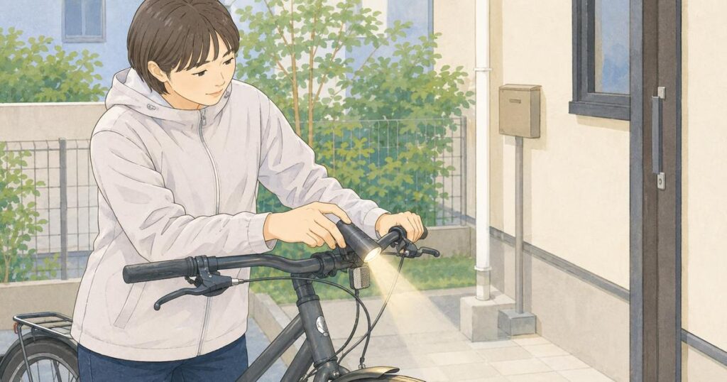 自転車のハンドルに取り付けたフロントライトの角度を下向きに調整する人