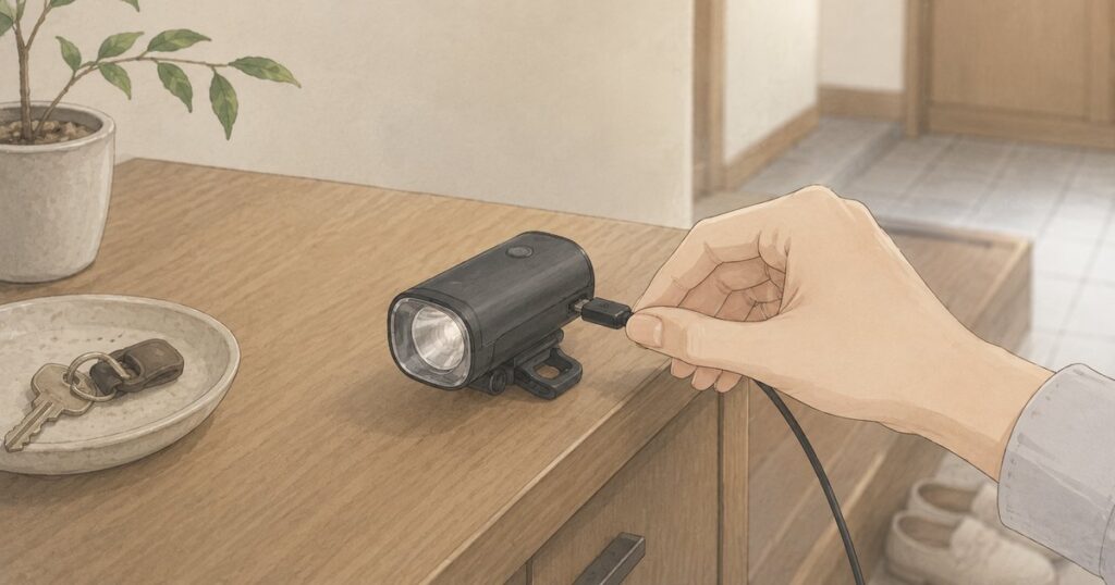 玄関で取り外した自転車用ライトに充電ケーブルを接続する手元