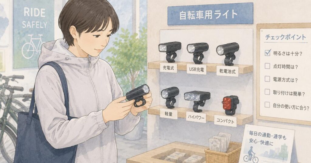 出発前に手袋を着けた指で自転車用ライトの電源ボタンを押す利用者