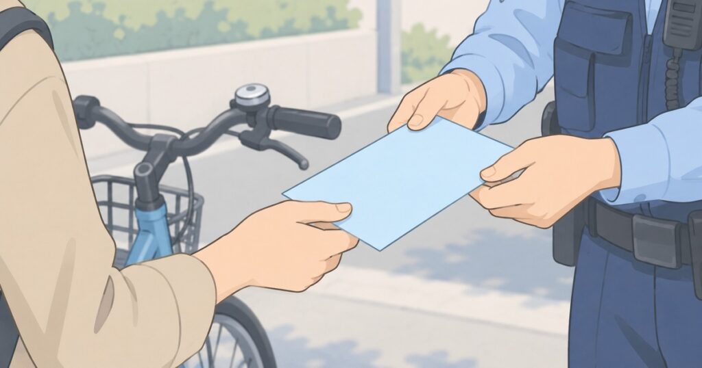 自転車のそばで淡い青色の書類を受け取る手元