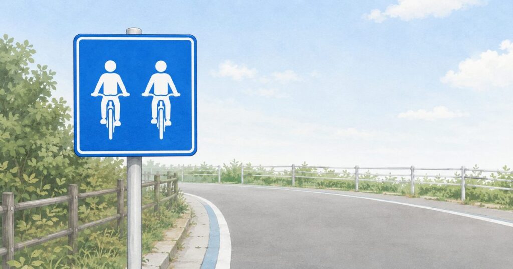 青い四角形に二人の自転車利用者が描かれた並進可標識
