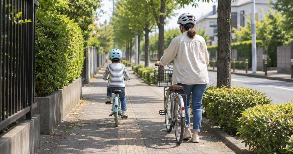 歩道を自転車で先行する子どもと後ろから自転車を押す保護者