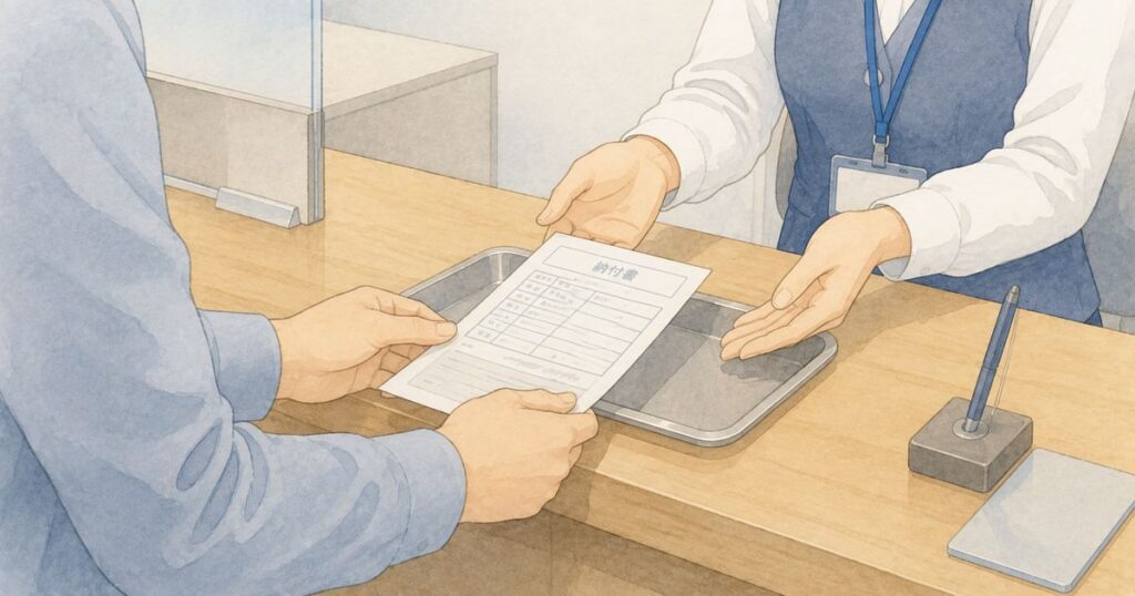 銀行窓口で反則金の納付書を差し出す手元
