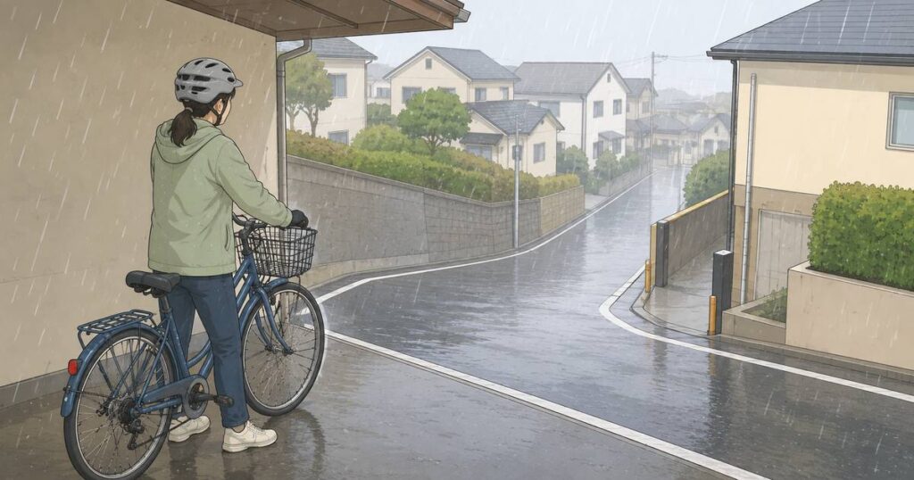 雨の下り坂を前に自転車から降り、軒下で待つ自転車利用者