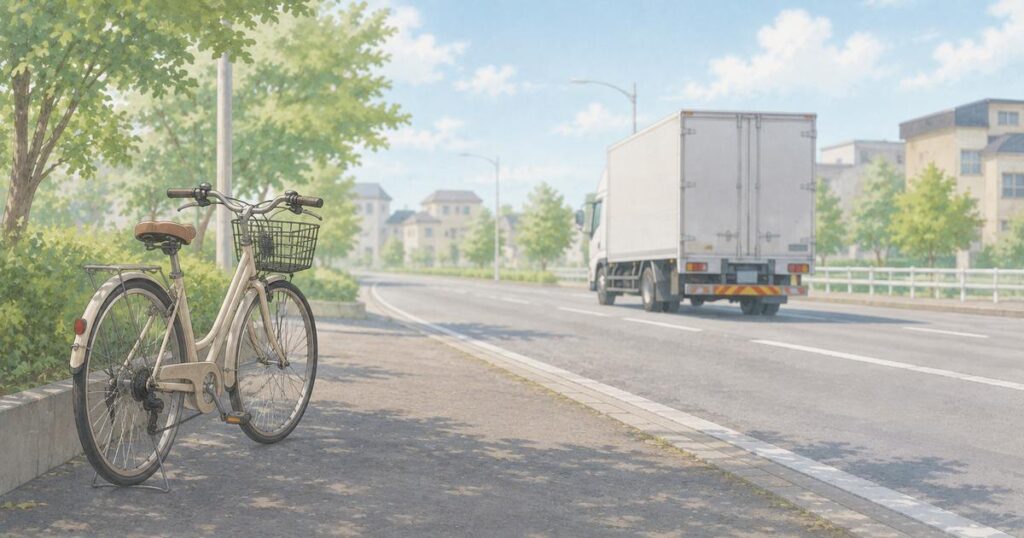 道路脇の広い空間に停めた自転車と遠くを走る大型車