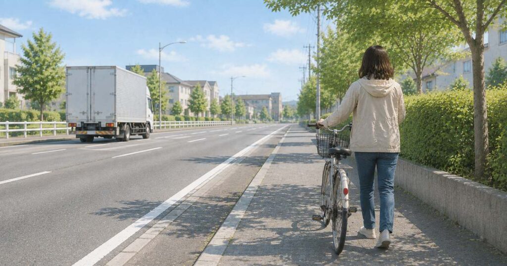 道路脇で自転車を押して歩く人と左車線を走る大型車