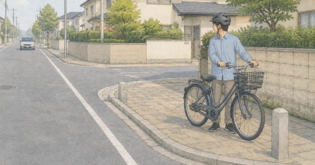 道路脇で自転車を降り後方の車を確認して待つ人