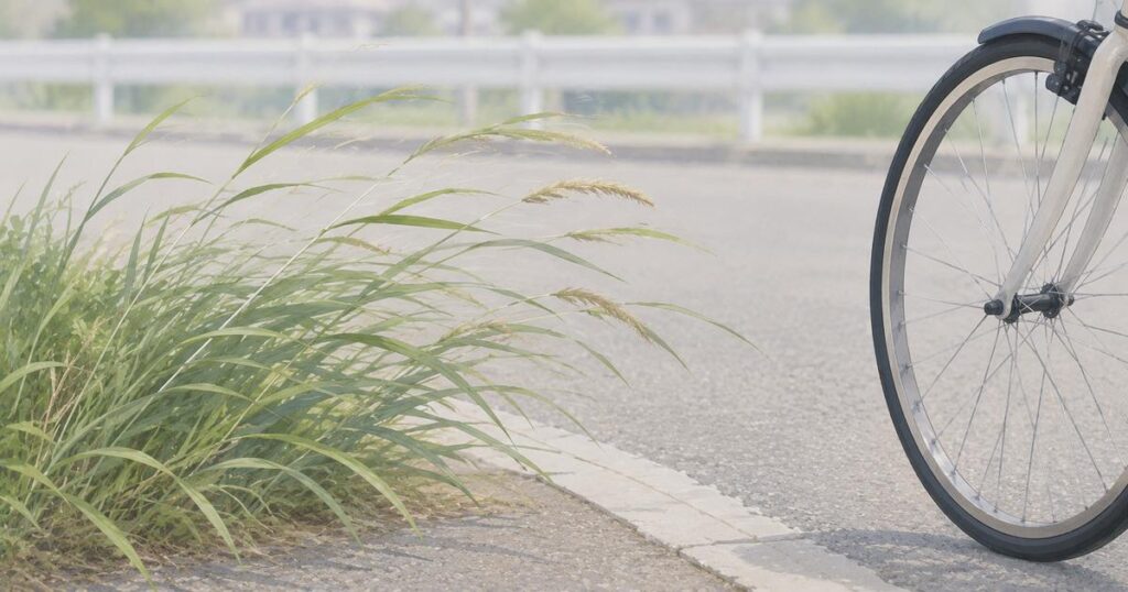 横へなびく路肩の草と画面端に見える自転車の前輪