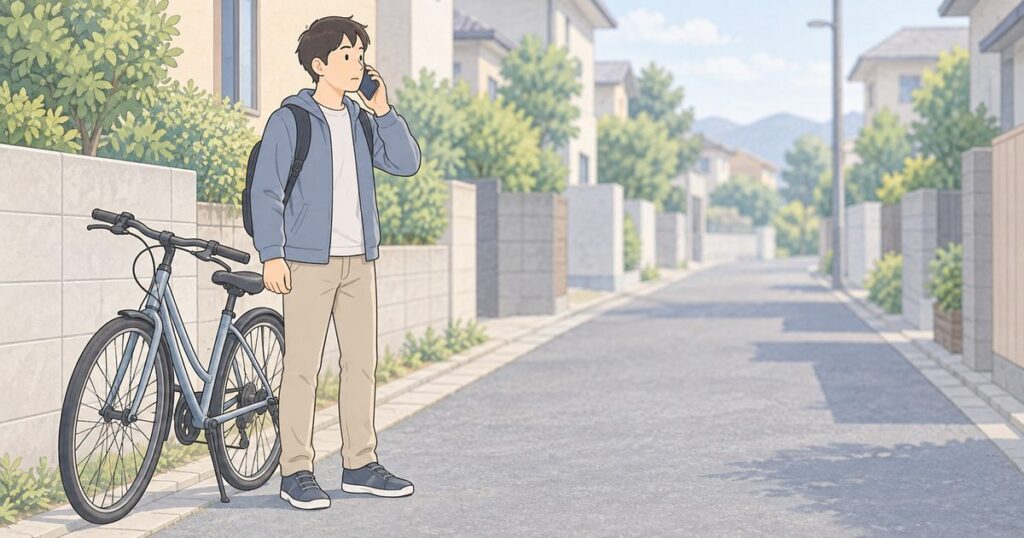 住宅街の道路脇で自転車から降りて電話をかける人