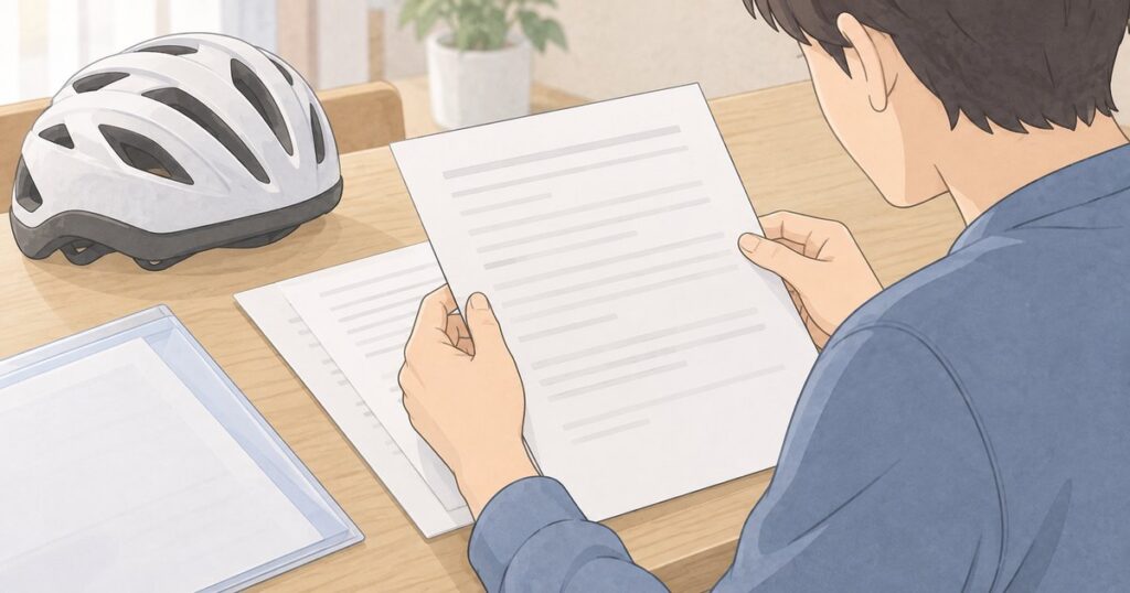 自宅の机で自転車事故後の書類を確認する手元