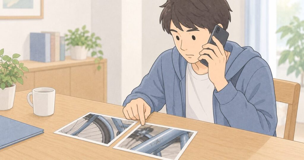 自転車の損傷写真を見ながら電話で説明する人