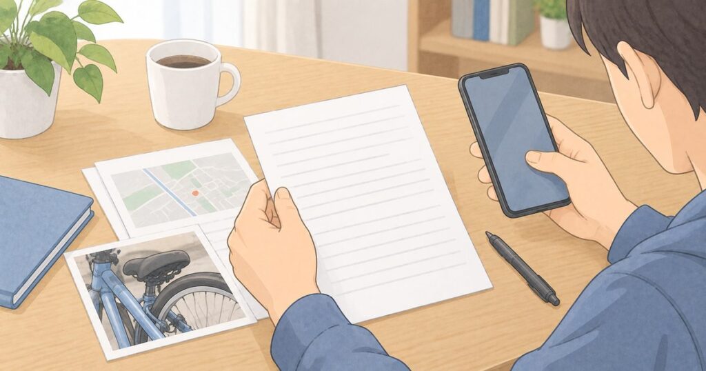 自宅の机で事故情報を整理する手元