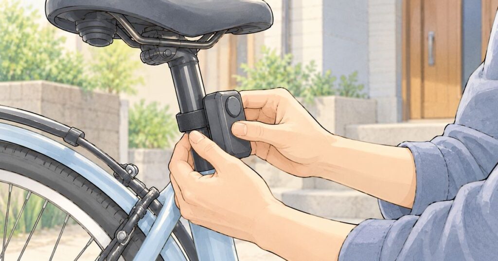 自転車のシートポストに盗難防止アラームを当てて取り付け位置を確認する手元
