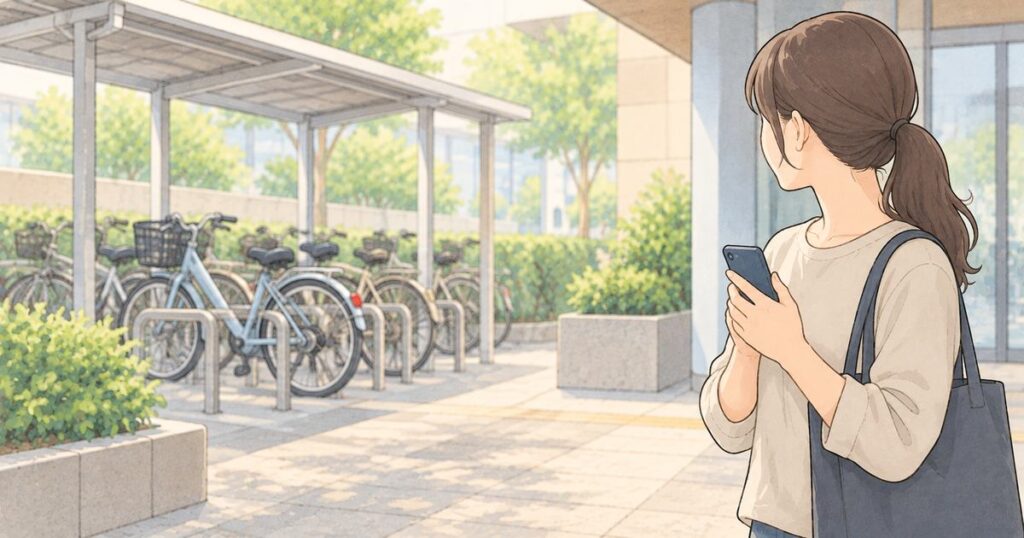 駐輪場から距離を取りスマートフォンを持って自転車の方向を見る人