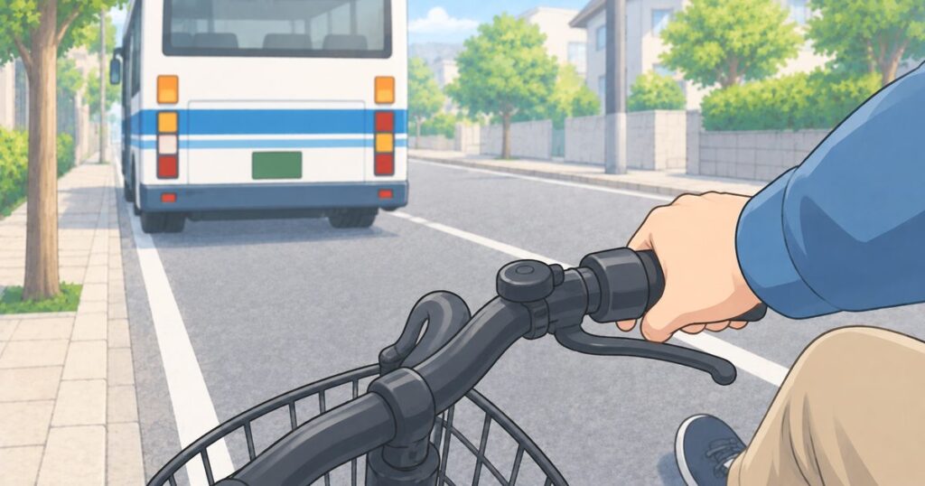 停車中のバスを前にブレーキを握って停止する自転車利用者の手元