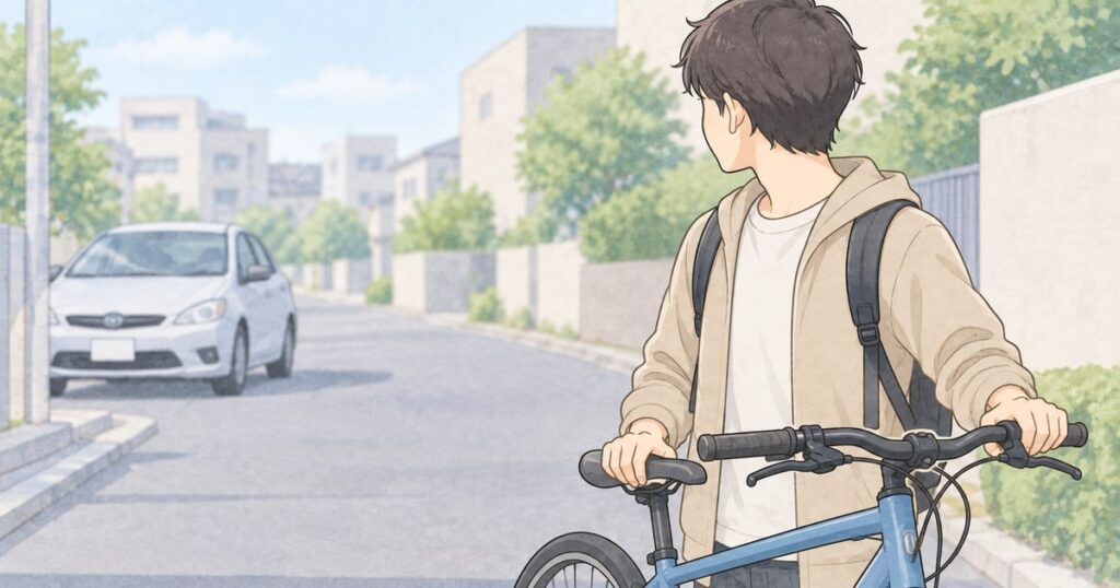 自転車から降りて離れた乗用車を確認する自転車利用者